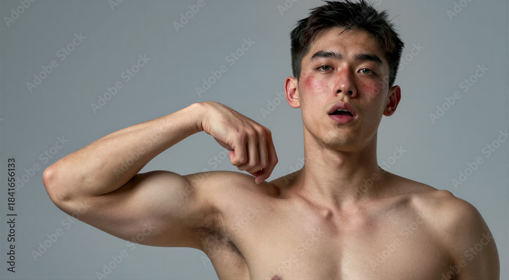 Fototapeta premium a close-up portrait of a young man with dark hair and a serious expression on his face. He is standing in front of a plain grey background. The man is shirtless and his body