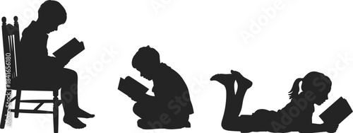 PrintChildren Reading Silhouettes, Kids Learning, Education, Literature, and Storytelling for Childhood Development, Black and White Vector Graphic.