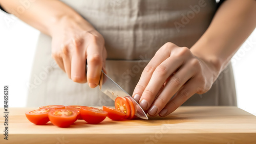 Woman's hands slicing fresh cherry tomatoes with a knife on a wooden cutting board. Chef preparing a healthy meal. Food preparation and cooking concept isolated on white background