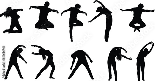 Dynamic dancer silhouettes performing jumps and artistic poses, expressive movement illustration, energetic dance motion collection, modern choreography figures isolated on white background