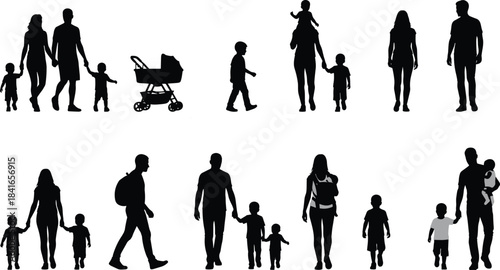 PrintDiverse Family Silhouettes Collection, Parents, Children, and Stroller, Walking, Holding Hands, Carrying Baby, Isolated Vector Set for Public Space Design, Black.