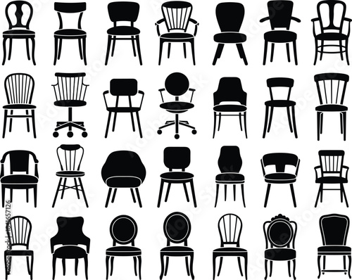 PrintDiverse furniture chair silhouettes set, various styles including dining, office, antique, and modern seating, vector collection for interior design and architectural projects.