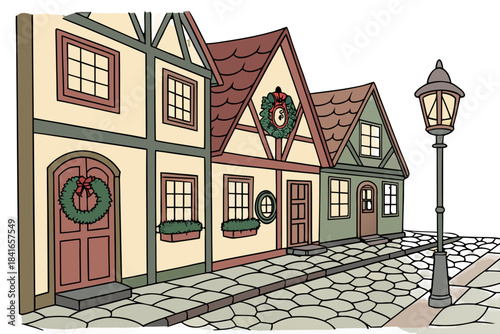 Fairy-tale Christmas village street lined with colorful houses