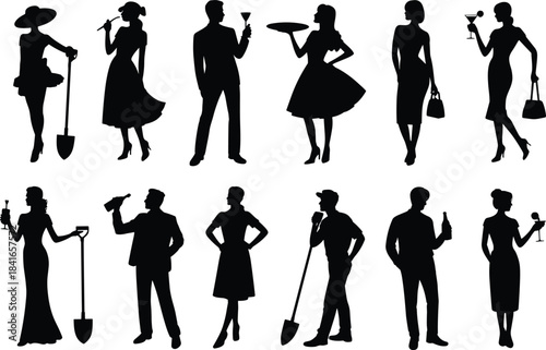 PrintElegant party people and manual laborers silhouettes set, diverse group of men and women holding cocktails, shovels, bottles, and trays, vector illustration for lifestyle design projects.