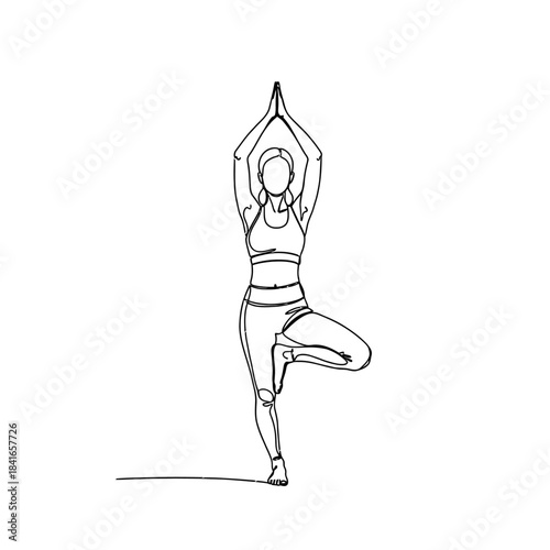 A minimalist line drawing of a woman performing the Tree Pose (Vrksasana) in yoga, symbolizing balance, focus, and serenity. Ideal for wellness, fitness, and mindfulness content.