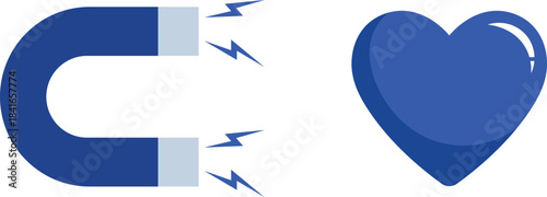 Blue magnet attracting a heart with lightning sparks attraction