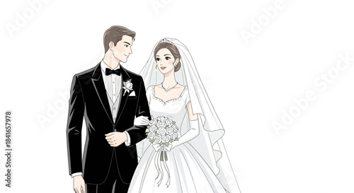 Elegantly Illustrated Wedding Couple, Showcasing Nuptial Joy and Formal Attire on White Background