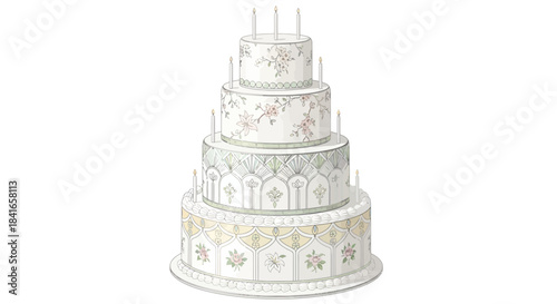 Four-tiered celebratory cake with floral motif, graceful design and delicate candelit ambiance