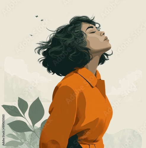 Digital illustration of a woman with curly hair wearing an orange shirt. She is enjoying nature, surrounded by soft colors and abstract shapes.
