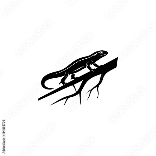 Side view salamander silhouette with slanted tree root line vector illustration