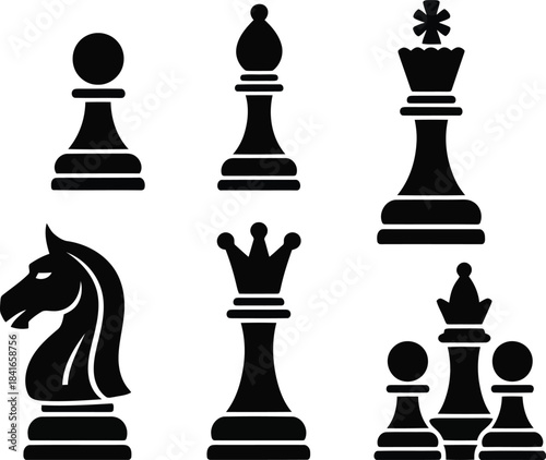 Chess pieces silhouette on white background