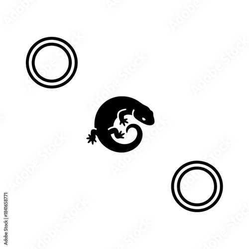 Salamander silhouette with two floating geometric orbs vector illustration