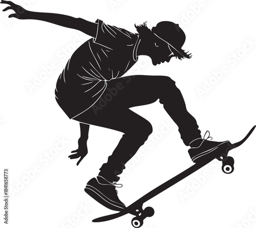 Skateboarder Silhouette in Action: Capturing a dynamic moment of a skateboarder mid-trick, highlighting the balance and agility involved in the sport.