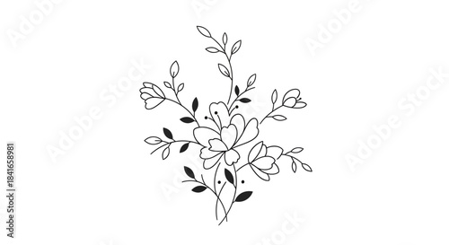 Elegant floral bouquet with delicate lines forming blooming petals and verdant leaves