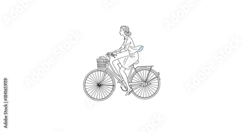 Elegant linework showcasing a woman gracefully cycling with basket on a bicycle