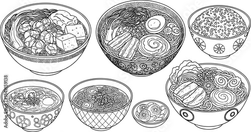  Asian, noodle, soup, rice, ramen, bibimbap, hotpot, tofu, egg, mushroom, narutomaki, greens, chopsticks, cuisine, sketch, noodle bowl, rice dish, Asian food, Japanese ramen, Korean cuisine, Chinese h