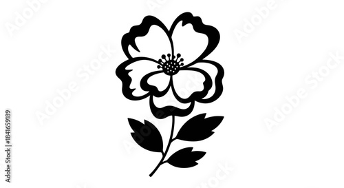 Elegant monochrome floral design featuring a stylized blossom with leaves and stem