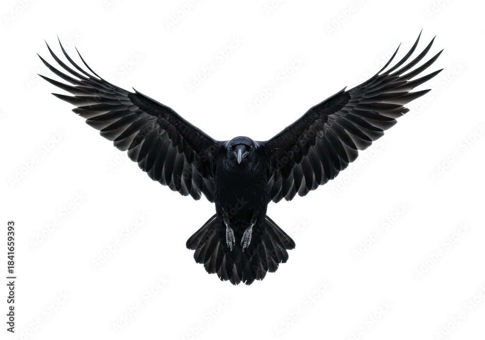 Naklejka premium majestic black raven (corvus corax) in powerful flight, full wingspan, hyperdetailed iridescent plumage, rim lighting on pure white background concept of untamed power and freedom