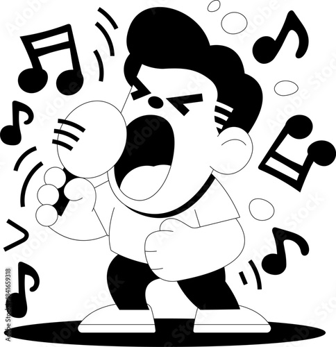 Character sings loudly into a hairbrush microphone with musical notes around