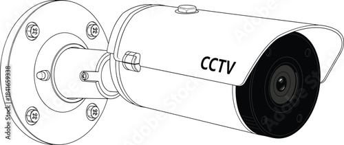 CCTV camera, security device, surveillance system, wall mounted, lens view, black white, cad drawing flat vector illustration