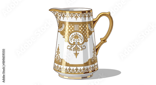 Elegant white pitcher with golden ornate details, ideal for home décor illustrations, evoking