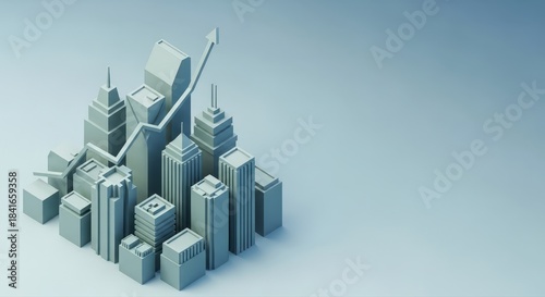 3D render of modern building blocks with reflective surfaces in a blue urban city skyline illustration