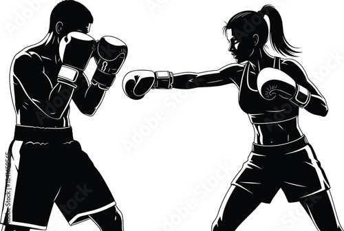 boxing match, fighter punch, sports action, athletic men, gloves clash, black white, dynamic motion, cad drawing flat vector illustration