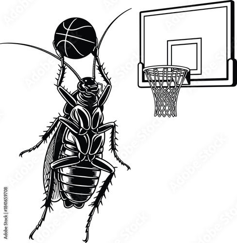 Cockroach playing basketball, insect athlete, surreal sports scene, black vector, flat design, CAD drawing, humorous illustration, dynamic pose, hoop action