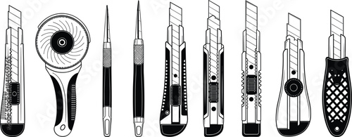 Cutting tools silhouette, cad drawing, flat vector illustration, utility knives, rotary cutter, craft blades, black and white, precision design