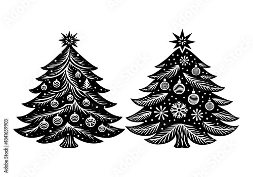 Two decorated christmas trees with ornaments and stars on top, isolated on for holiday and festive designs