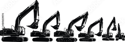 Excavator silhouettes, construction machines, heavy equipment, black vector, flat design, CAD drawing, earthmoving tools, industrial diggers, mechanical arms, tracked base