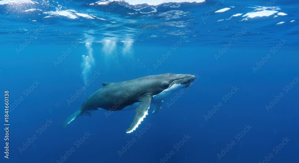 Obraz premium A majestic whale swims gracefully in clear, deep blue ocean waters