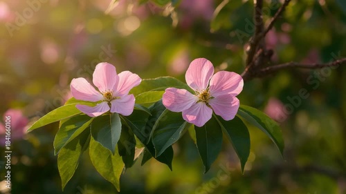 Close-up of pink flowering dogwood blossoms gently swaying on branches surrounded by vibrant green leaves captured in soft natural light at different stages of blooming from morning to evening