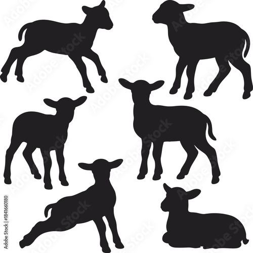 PrintLamb silhouettes set, sheep icons, baby animal vector, farm livestock, spring, Easter, domestic mammal, black and white.