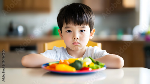 A young boy sits at a table with a plate of colorful vegetables. He looks unhappy and reluctant to eat. The kitchen backdrop is blurred but the scene is bright.