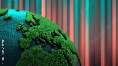 A vibrant 3D rendering of Earth showcasing Europe, highlighted with a textured green surface against a colorful background.