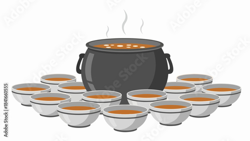 Steaming communal meal in large cooking pot surrounded by individual serving bowls. Hearty communal meal prepared for sharing, depicting warmth and togetherness.