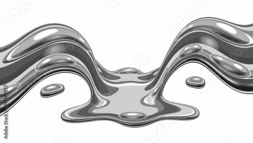Silvery liquid metal flowing across a white surface, forming reflective waves and shiny droplets. Liquid metal texture creates an abstract background for science and technology concepts.