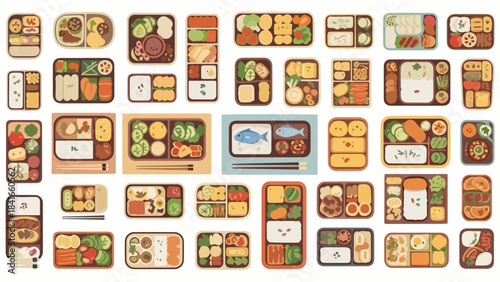 Diverse collection of bento box meals, showing varied healthy food options. Each bento box contains rice, fish, vegetables, meat dishes. Concept bento box for meal planning, diet programs,