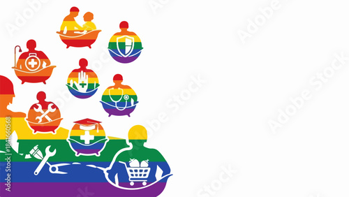 Rainbow colored silhouettes portray LGBTQ equality, showing individuals in diverse roles like healthcare, education, and home. This LGBTQ equality represents inclusion, human rights.
