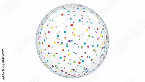 Transparent confetti ball filled with vibrant multicolored dots on clean white background, creating festive visual effect. Confetti ball features scattered bright particles,