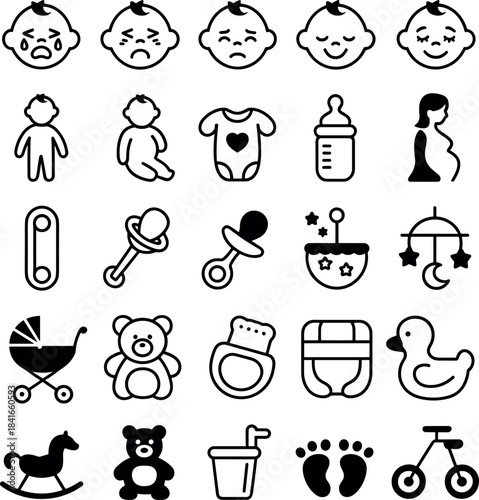 Set of simple line icons illustrating newborn babies, pregnancy, and essential baby items baby, newborn, infant, pregnancy, childcare, icon