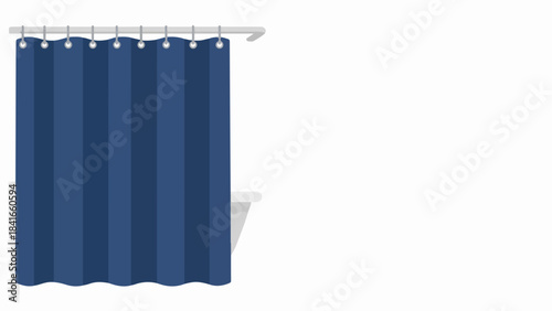 Blue shower curtain hangs on white rod, partially covering bathtub. This vertically striped shower curtain provides privacy and stylish accent for modern bathroom.
