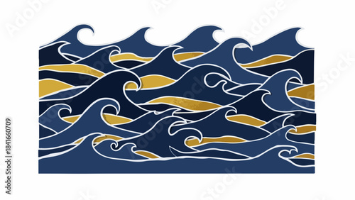 Stylized ocean waves pattern with blue and gold hues, dynamic motion illustrated within the design. Detailed ocean waves features flowing lines and abstract shapes,