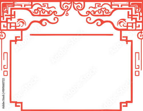 A red rectangular frame with ornate Asian-inspired decorative patterns features intricate symmetrical flourishes concentrated along the top border.