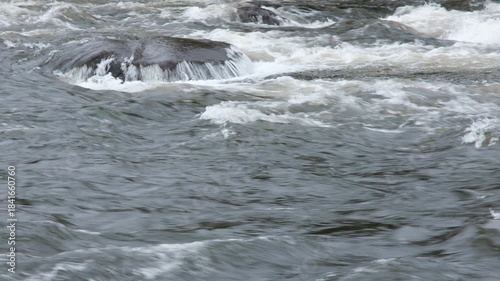 Mountain river, turbulent flow of water rolling over rocks, close-up video