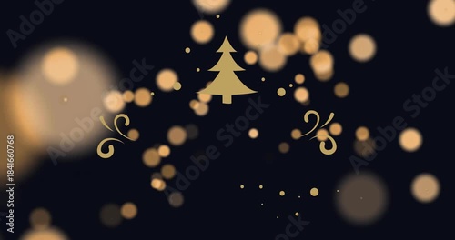Left blurred orb entering, gold tree staying fixed while bokeh dots swirling, forming holiday glow