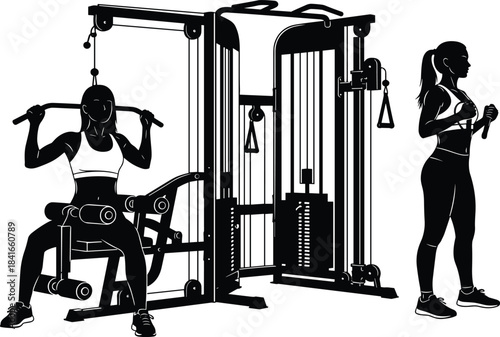 Gym workout silhouette, fitness machine use, strength training pose, black vector, flat design, CAD drawing, cable exercise, muscle activity