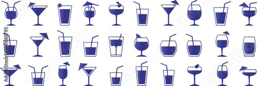 collection of dark blue flat icons depicting different types of cocktail glasses and beverages. icon, drink, cocktail, glass, beverage