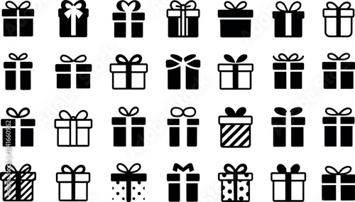 Collection of minimalist black and white gift box icons representing presents for celebration and special events gift, present, box, icon, silhouette